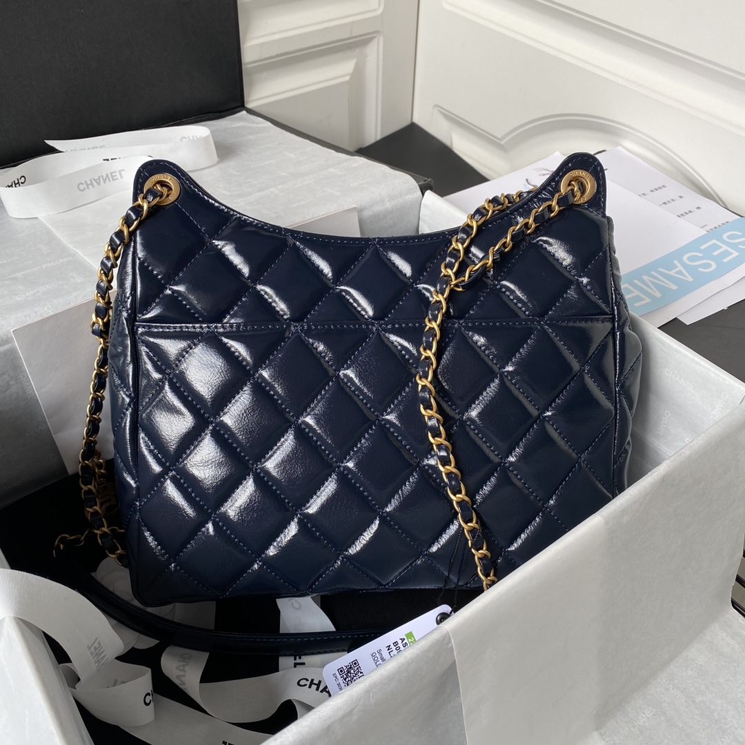 [TOP] CH@NEL Wax Skin Hobo Bag - GHW - Blue - Chanel