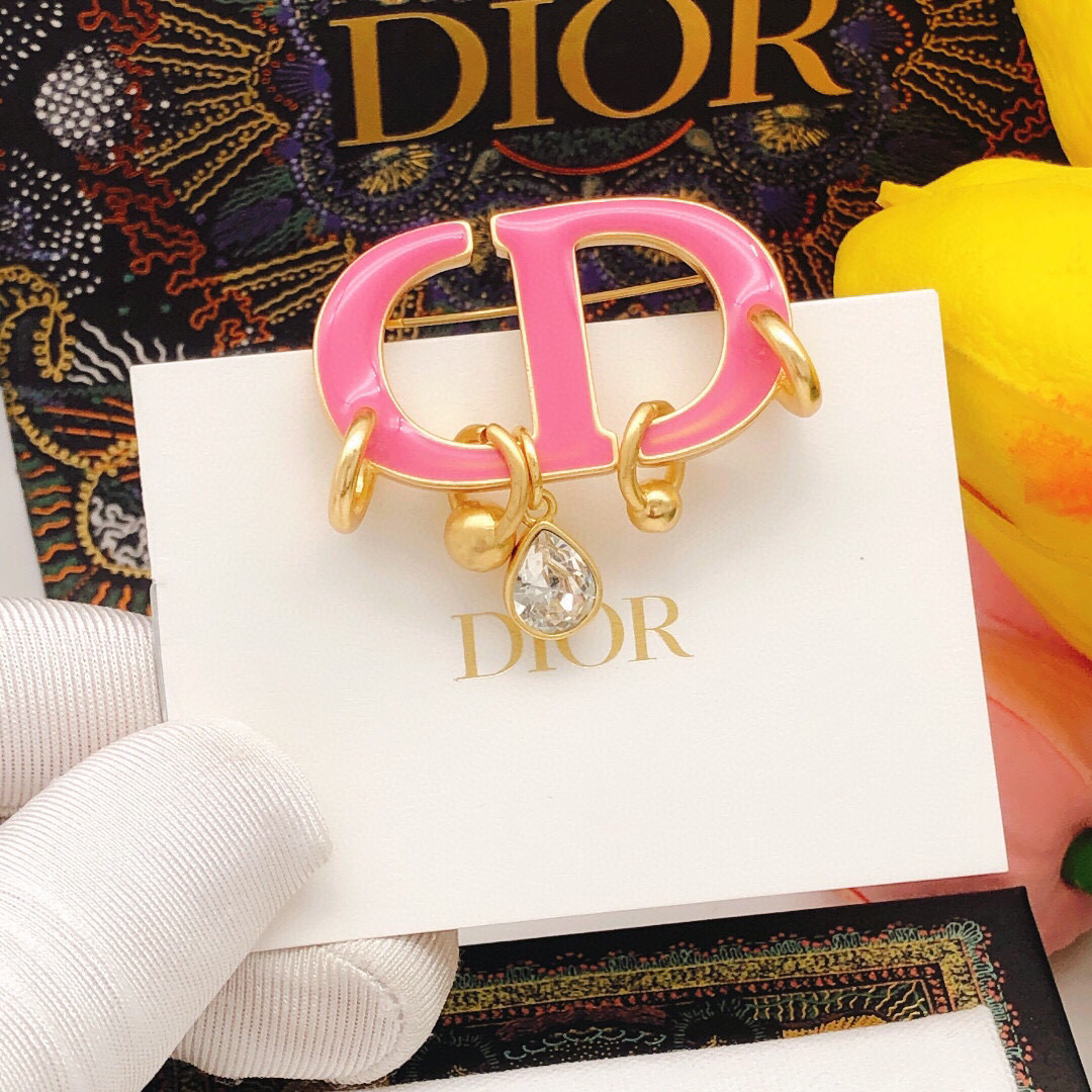 [TOP] D!or CD Logo Diamond Brooch - Pink & Gold - Christian Dior