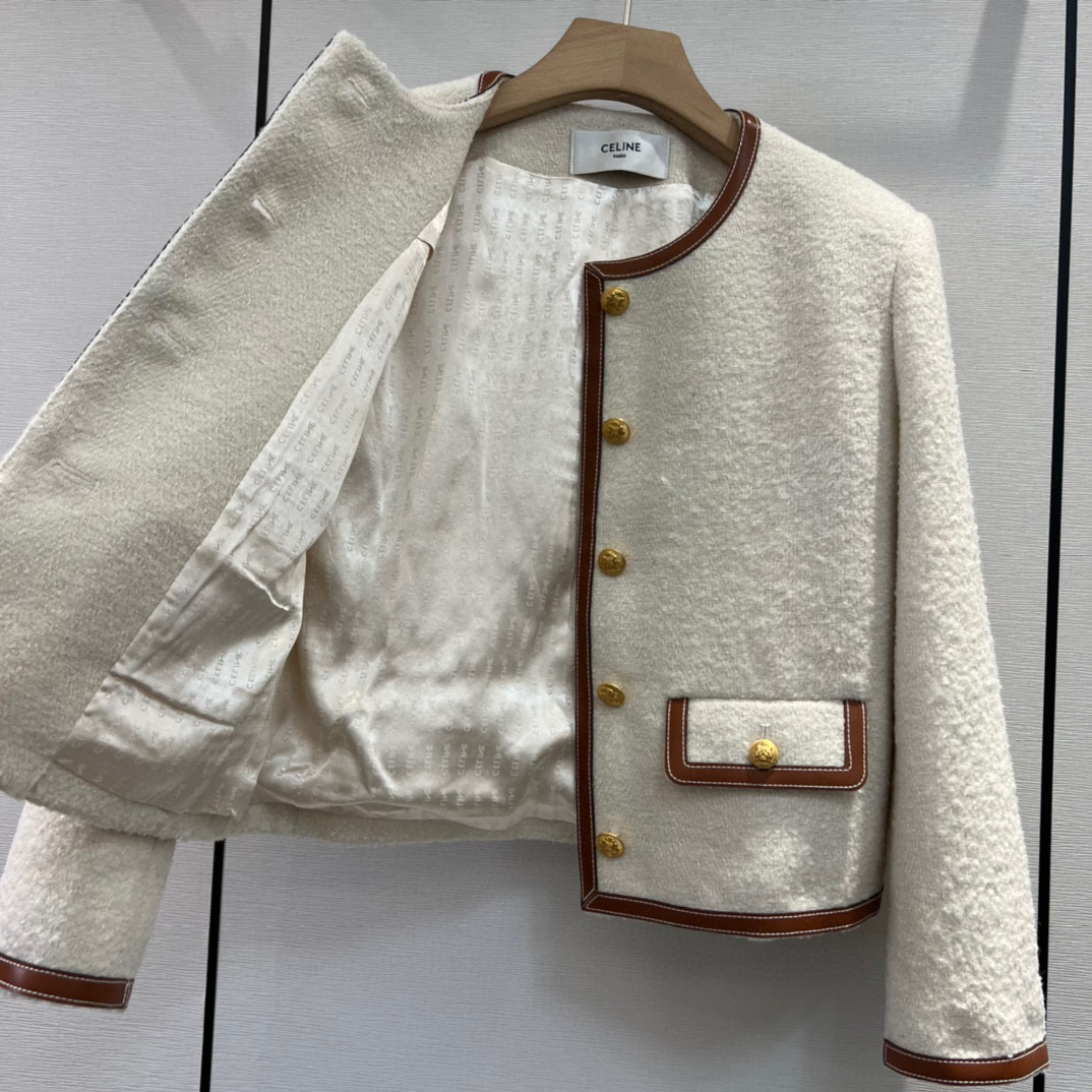 [TOP] C€LINE Wool Jacket with Leather Trim - White - Celine