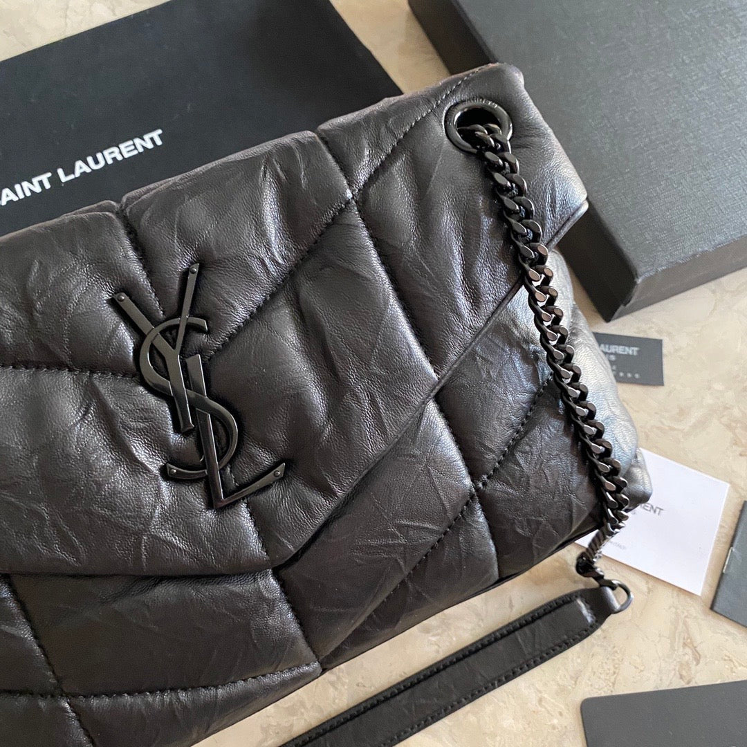 [TOP] Y$L Loulou Puffer Wrinkles Leather Bag - All Black - Ysl Yves Saint Laurent