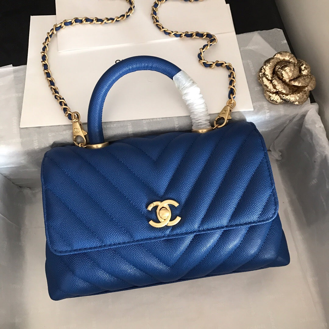 [TOP] CH@NEL CoCo Handle Bag Chevron Caviar Small  - Blue & GHW - Chanel