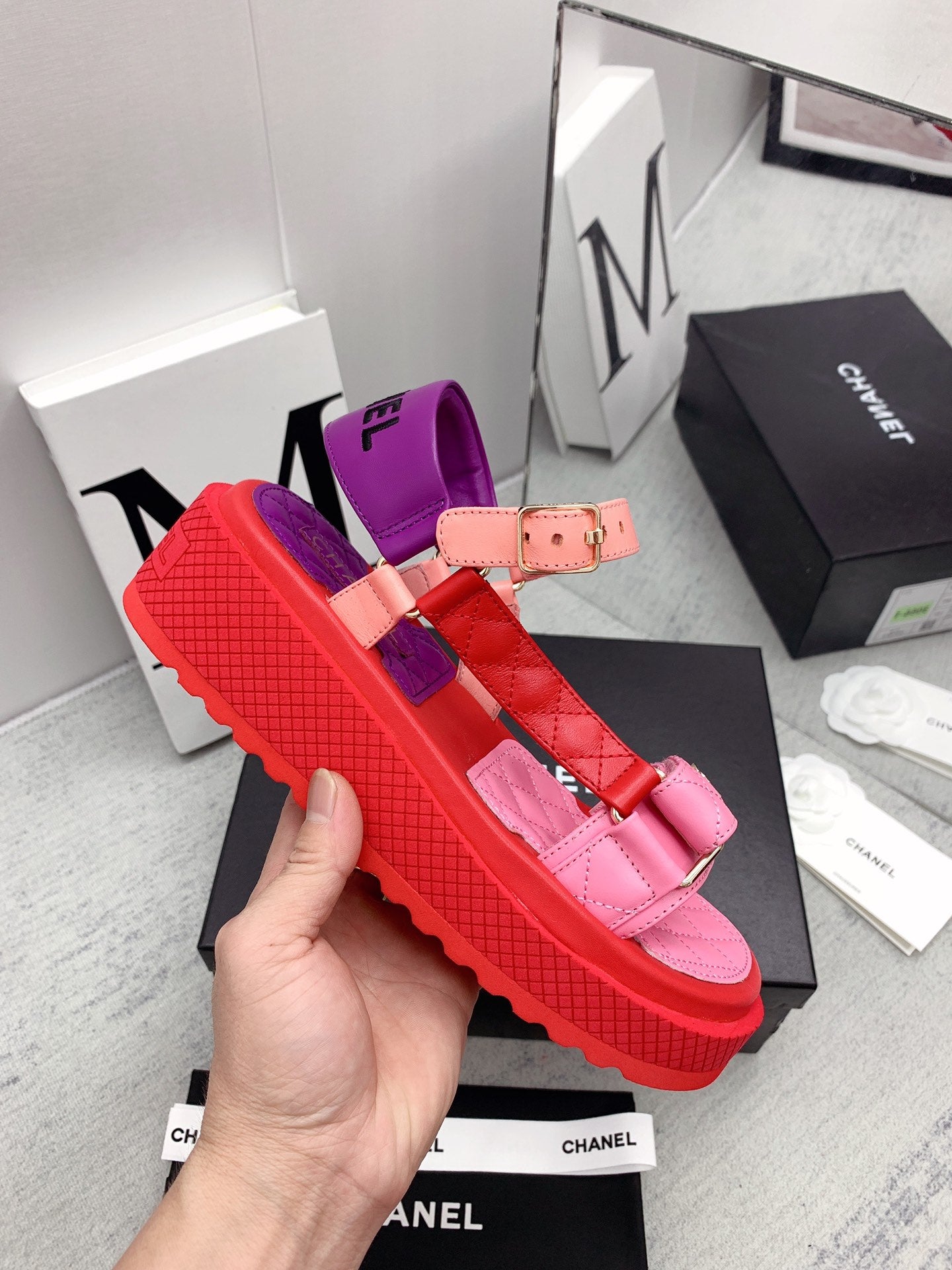 [TOP] CH@NEL Open Toes Platform Dad Sandals - Pink/Red/Purple/Orange - Chanel