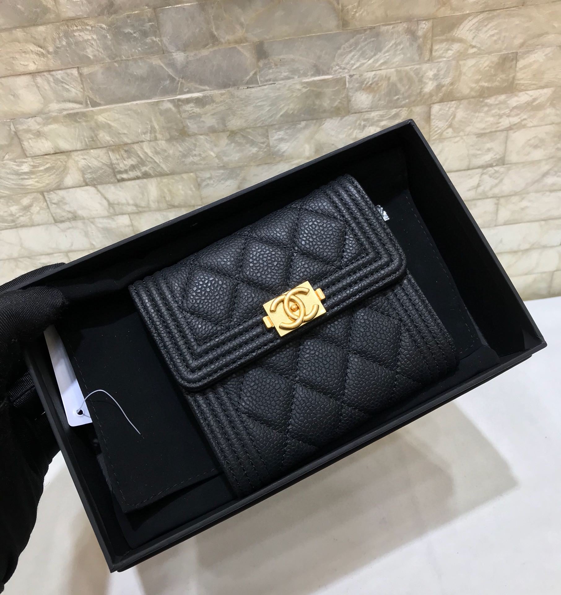 [TOP] CH@NEL Boy Tri-Fold Wallet - Black - Chanel