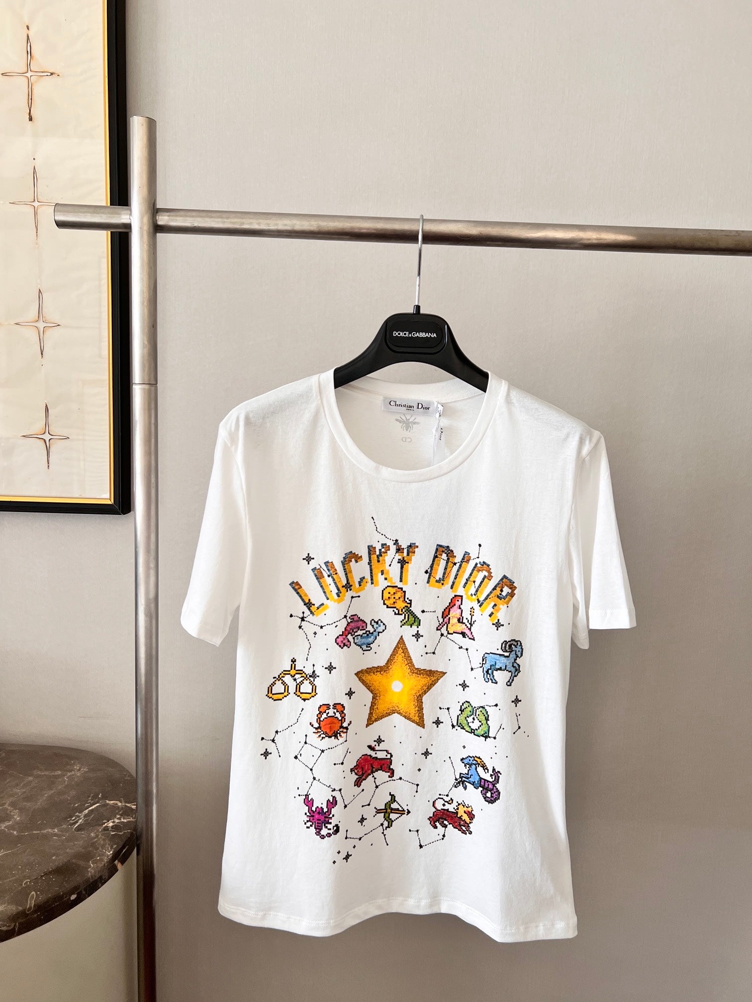 [TOP] D!or Lucky T-Shirt Ecru Cotton Pixel Zodiac - White - Christian Dior