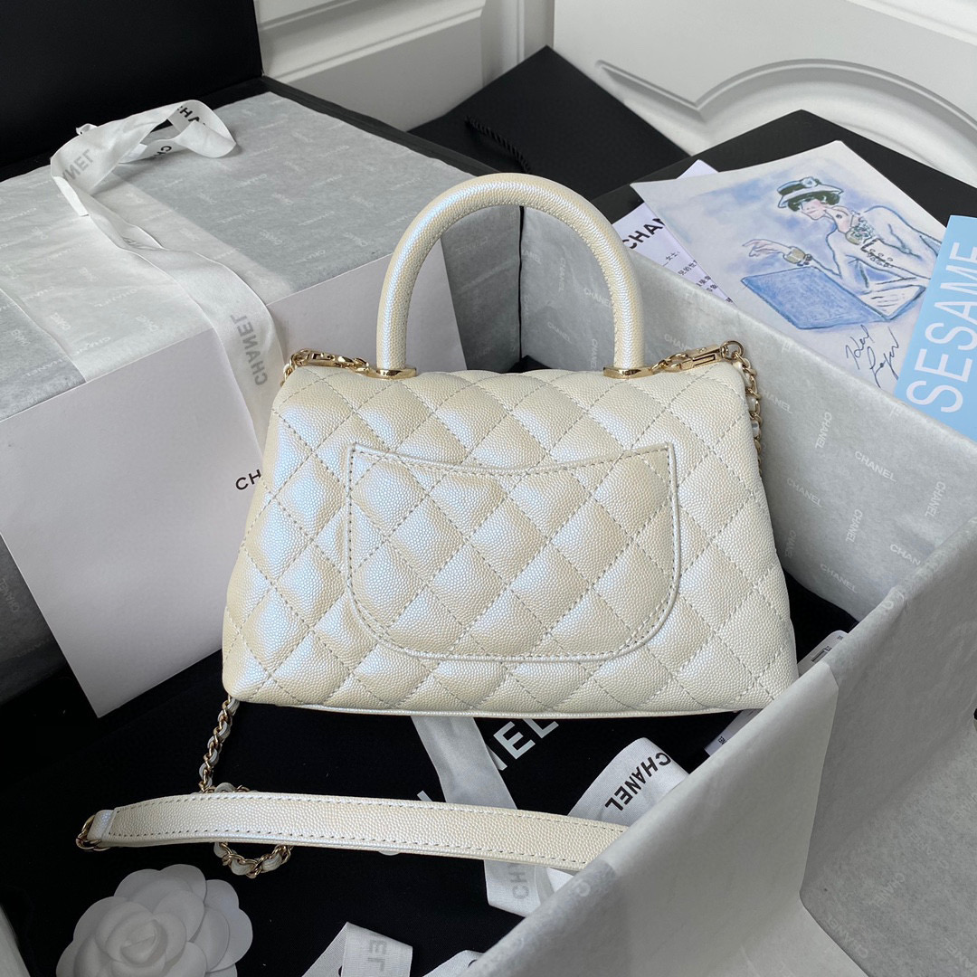 [TOP] CH@NEL CoCo Handle Bag Carviar Medium 24cm - Pearl White & GHW - Chanel