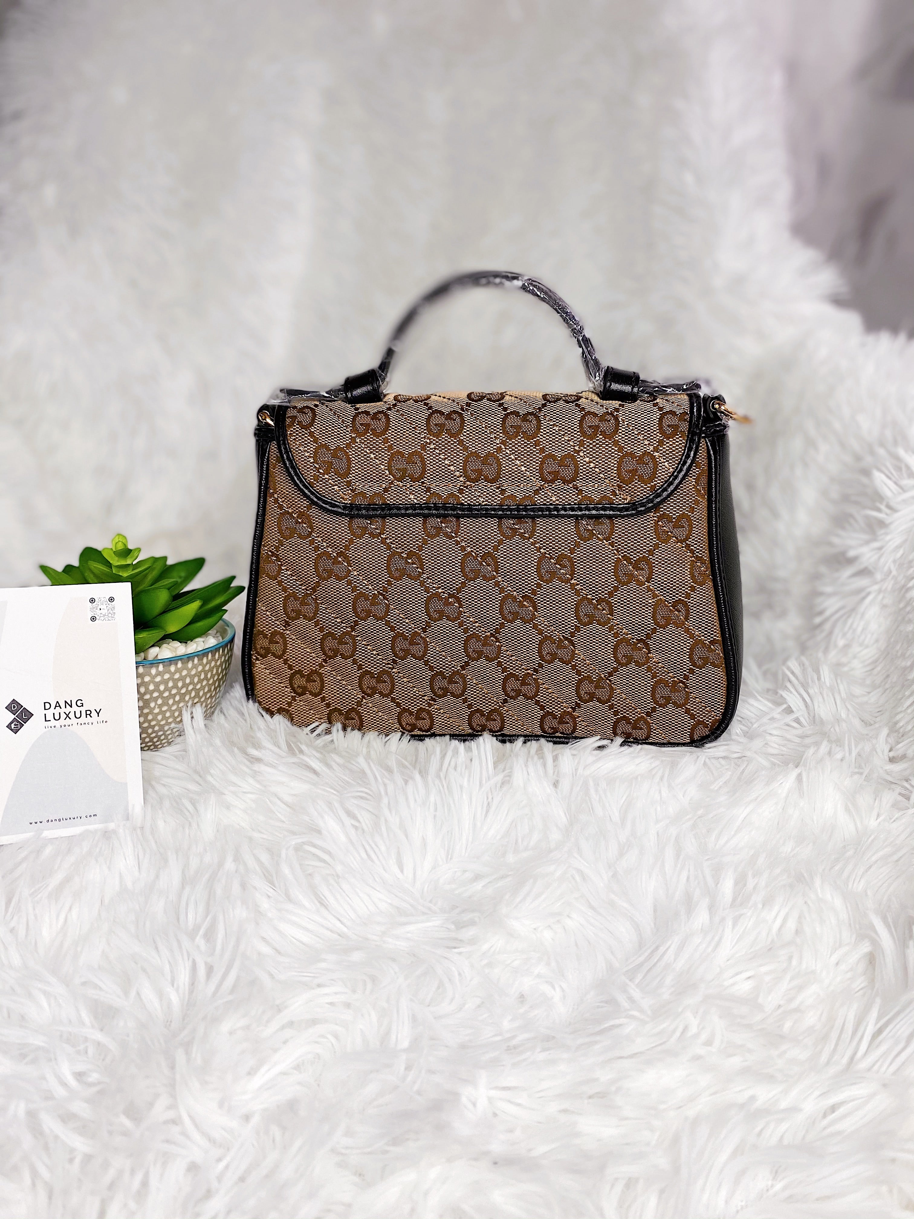 [TOP] GUCC! GG Marmont Bag Top Handle Mini - Beige x Ebony Canvas - Gucci
