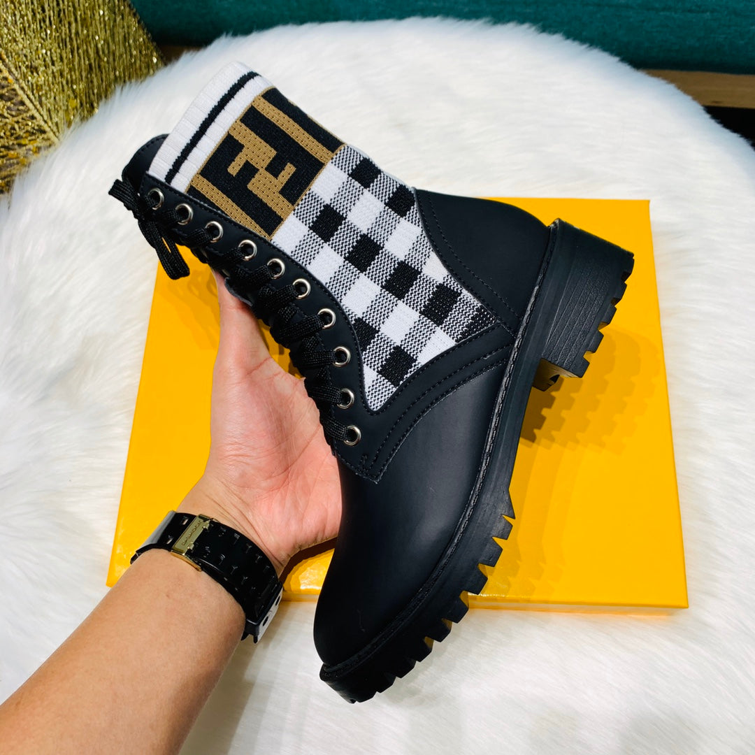 [TOP] F€NDI Gingham Sock Lace Up Boots - Black and White Checkers - Fendi
