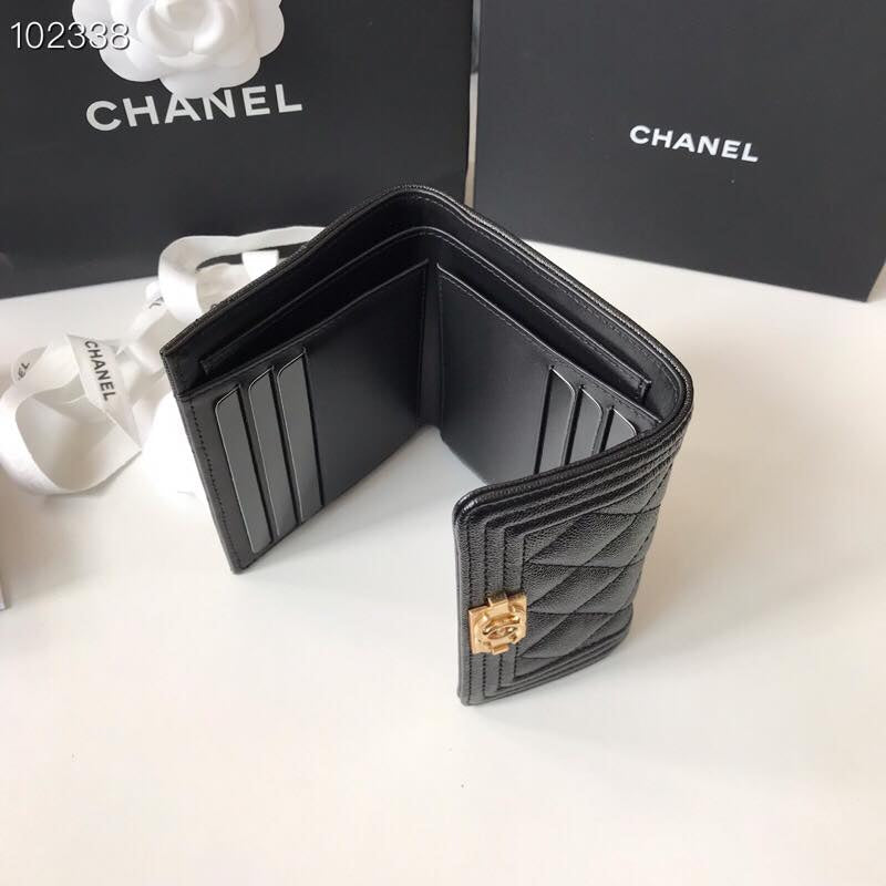 [TOP] CH@NEL Boy Trifold Wallet Caviar Skin - Black W GHW - Chanel