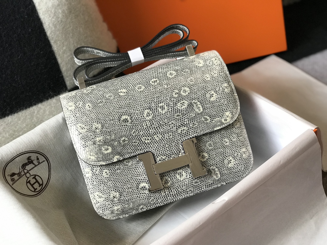 [TOP] H€RMES Constance lizard bag 18CM- White & SHW - Hermes