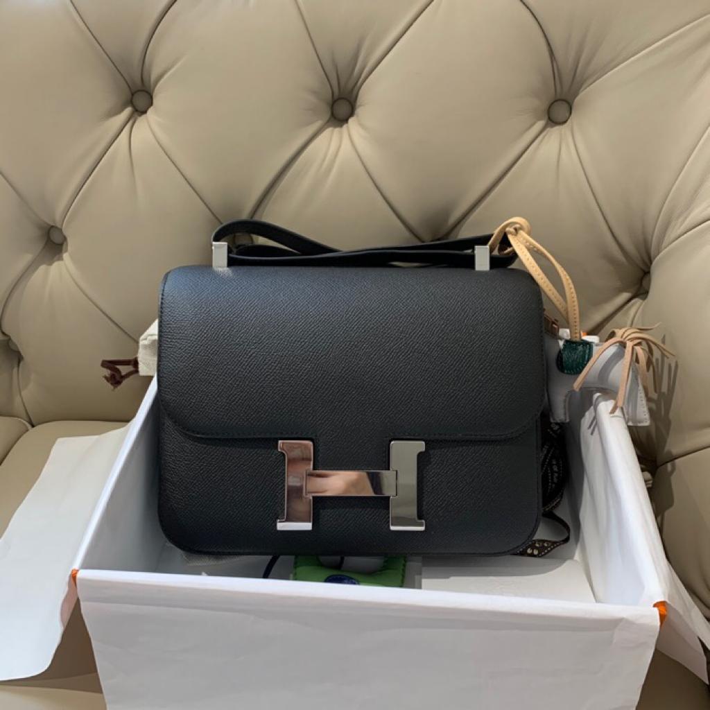 [TOP] H€RMES Constance Epsom Leather 24cm  - Black & SHW - Hermes