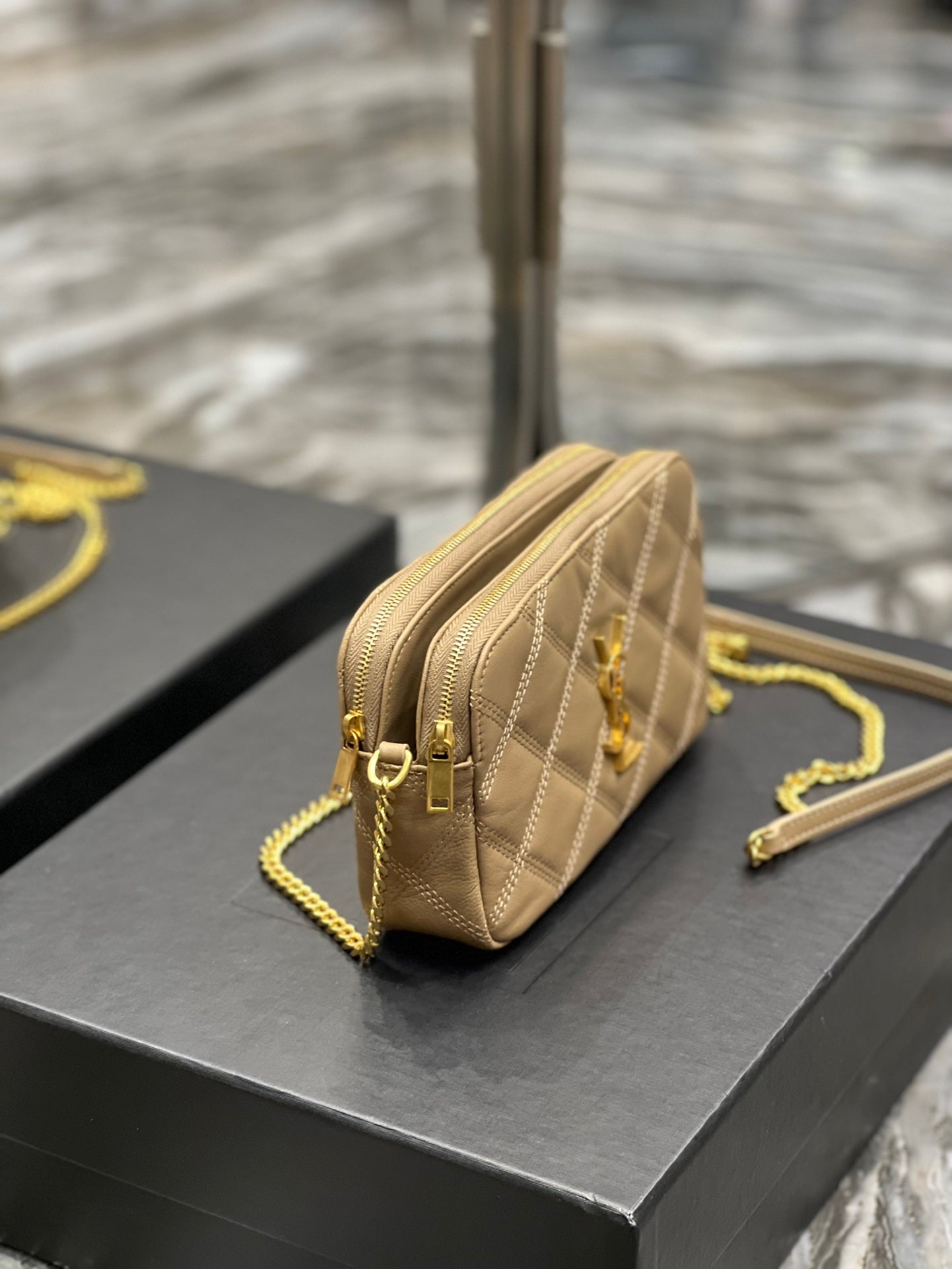[TOP] Y$L Beckly Double Zip Pouch Bag - Beige GHW - Ysl Yves Saint Laurent