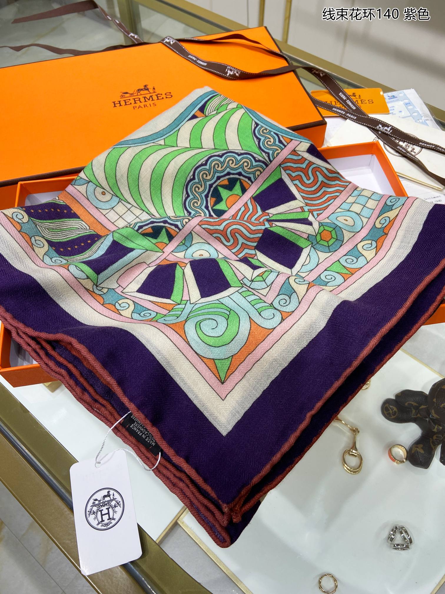 [TOP] H€RMES Harnais En Rosace Shawl 140cm Square - Marine/Blanc/Multicolore - Hermes