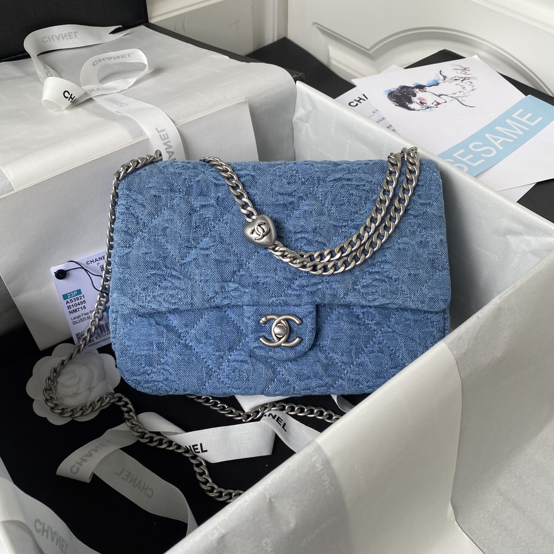 [TOP] CH@NEL Cowboy Classic Flap Bag - SHW - Blue - Chanel