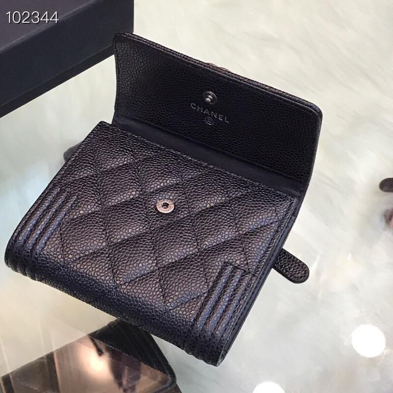 [TOP] CH@NEL Boy Trifold Wallet Caviar Skin - Black & SHW - Chanel