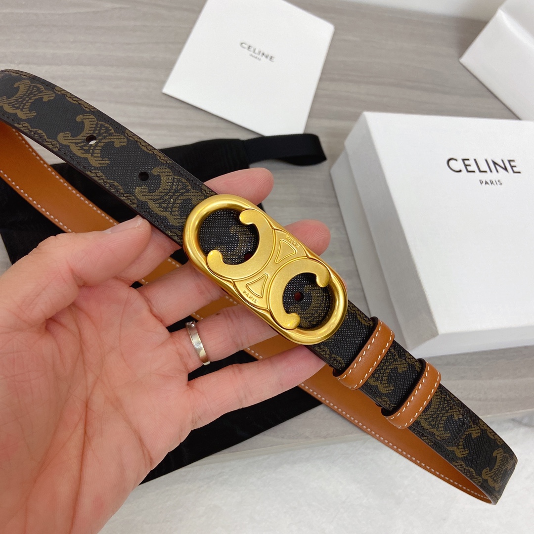 [TOP] C€LINE Triomphe Gancini Belt 2.5cm - Brown - Celine