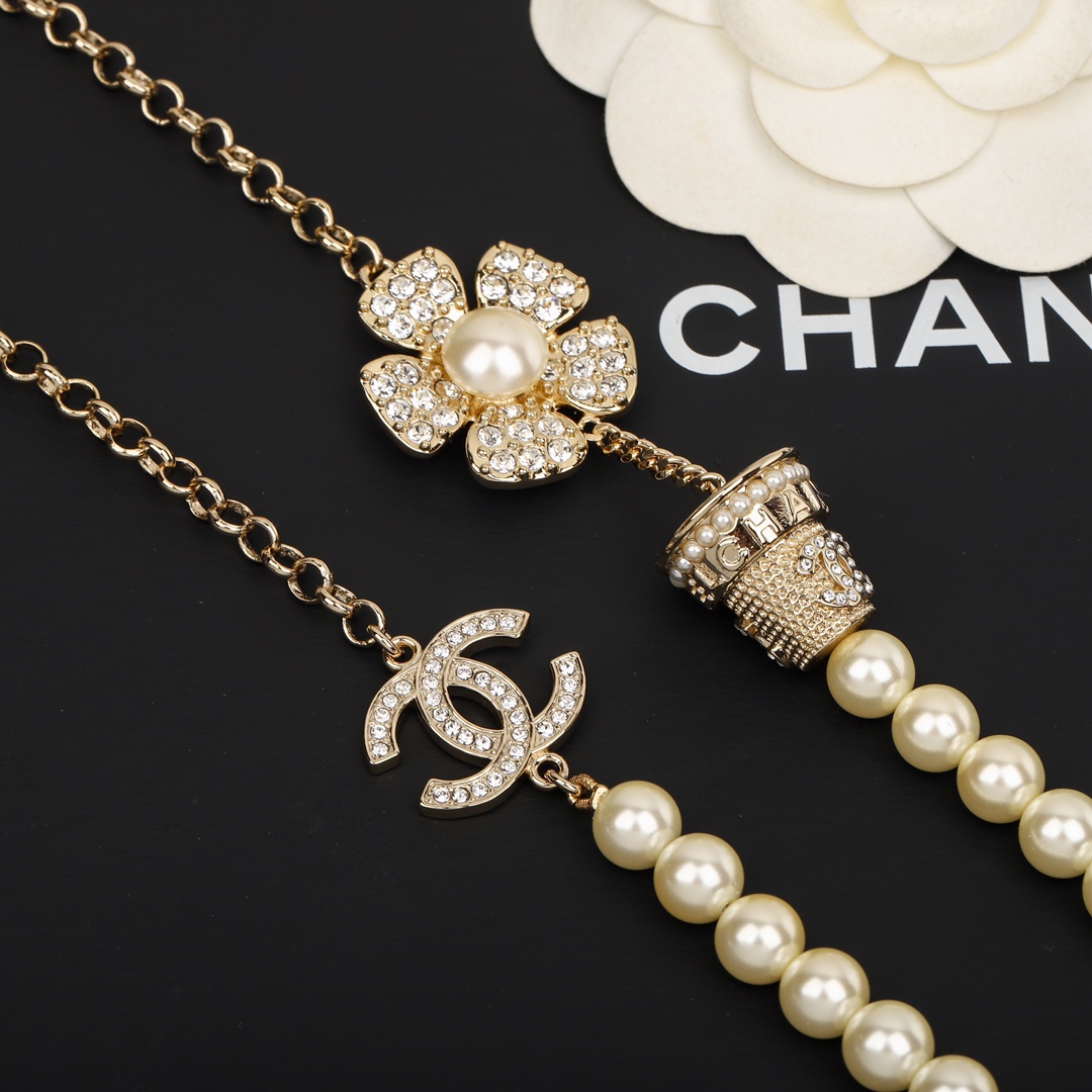 [TOP] CH@NEL Diamond Logo Potted Flower Pearl Necklace - Chanel