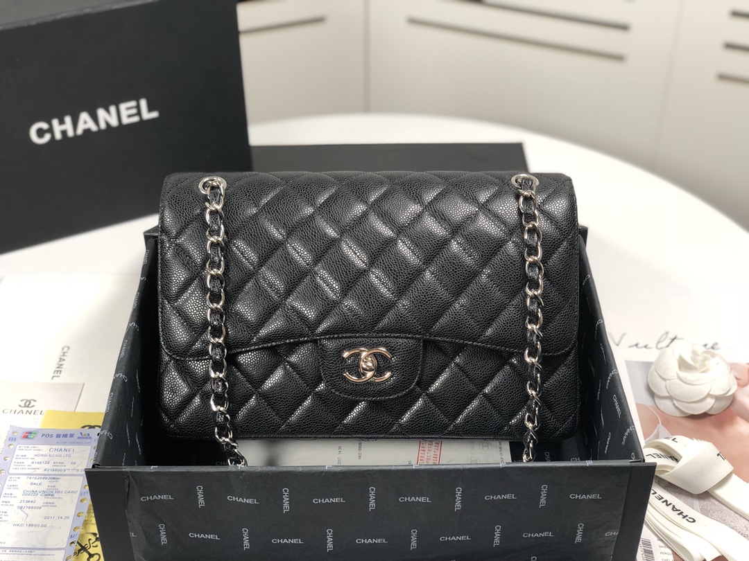 [TOP] CH@NEL Classic Flap Bag 30cm - GHW/SHW - Black - Chanel