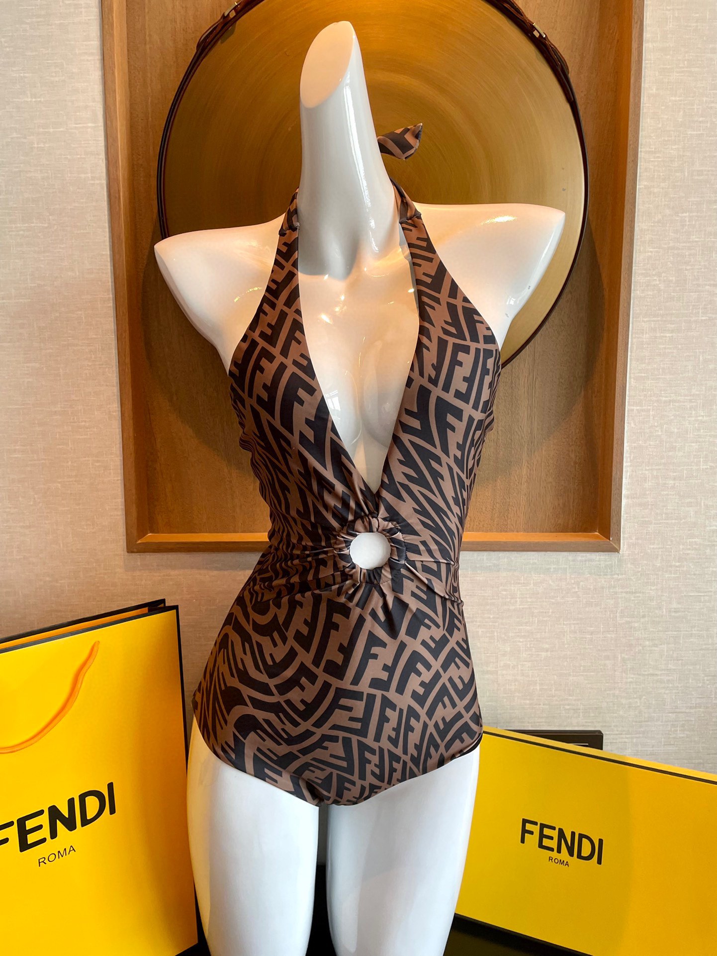 [TOP] F€NDI F€ndi F Letter Metal Hoop One-Piece Swimsuit - Black & Tobacco - Fendi