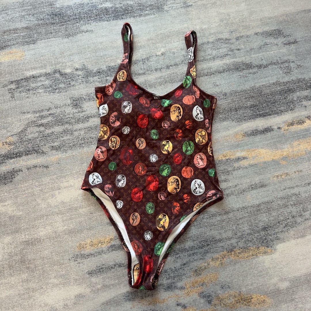 [TOP] L&V Fashion Print One Piece Swimsuit - Brown - LV Louis Vuitton