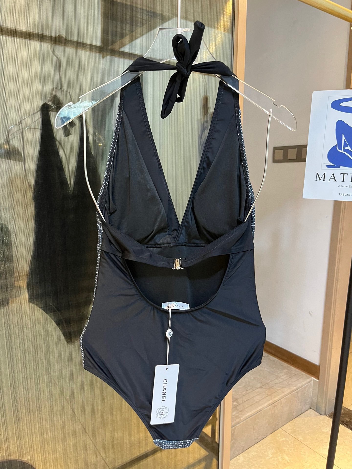 [TOP] CH@NEL V Neck Open Back One Piece Swimsuit - Dark - Chanel