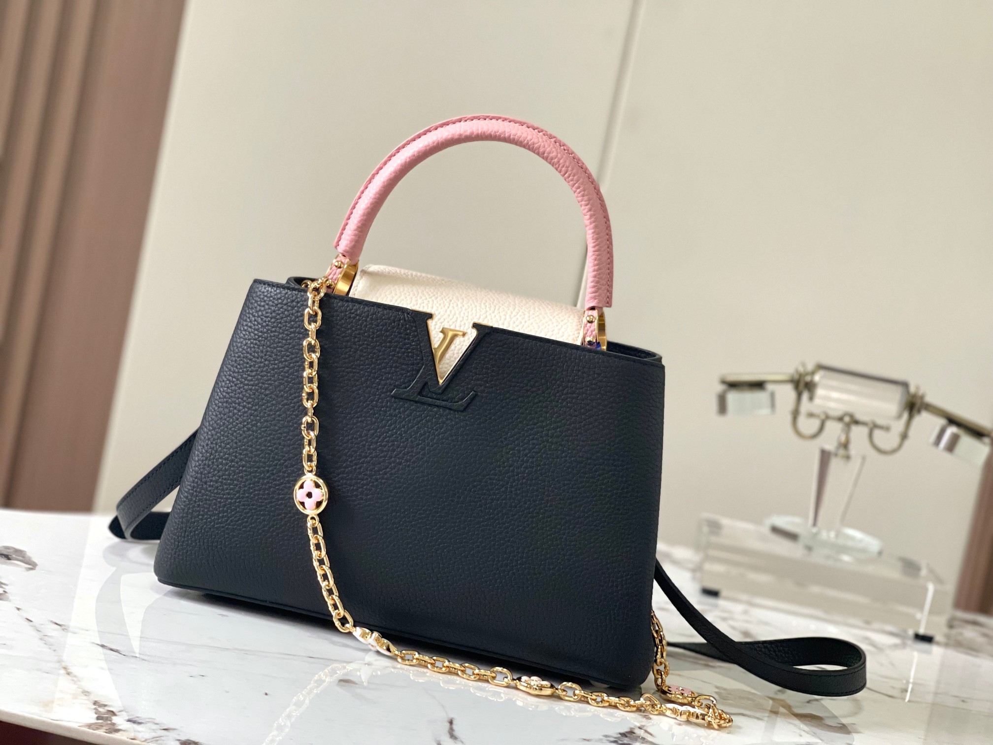 [TOP] L&V Capucines Black with Light Cherry Pink Floral Trio Pack LV Louis Vuitton