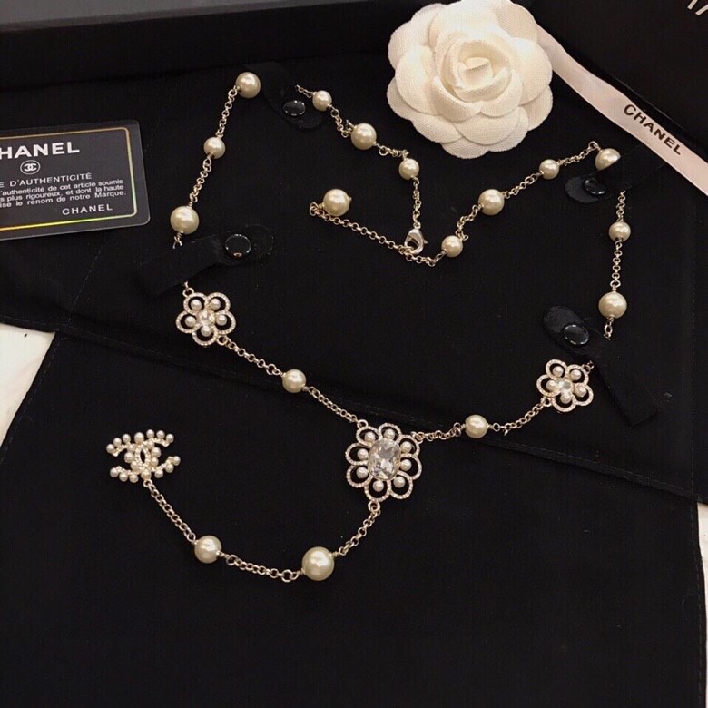 [TOP] CH@NEL Double C Pearl Sweater Chain Necklace Chanel