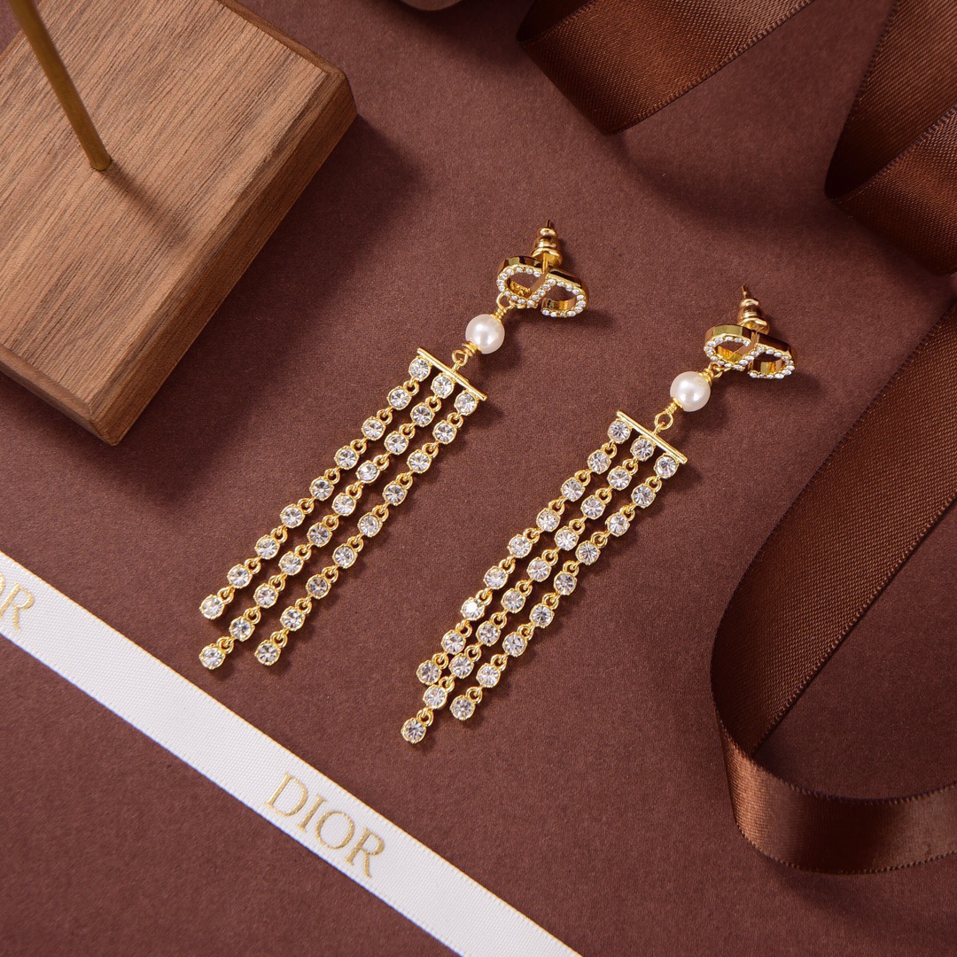 [TOP] D!or Tassel Brass Diamond earrings - Gold - Christian Dior