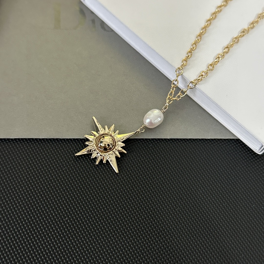 [TOP] D!or Metal Sun Shape Pearl Stud Necklace Christian Dior