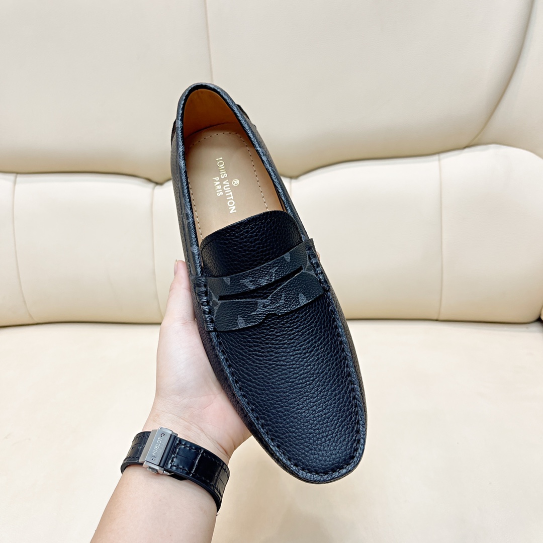 [TOP] L&V LV Men's Calfskin Lychee pattern shoes - Black - LV Louis Vuitton
