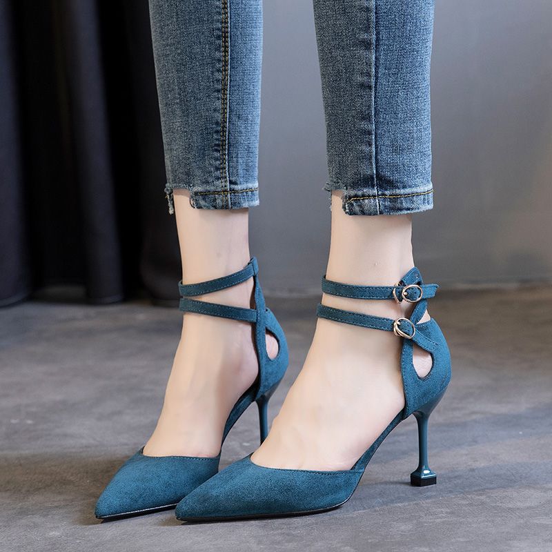 Shoes female students Korean high heeled women’s slim heels 2020 spring / Summer Black versatile pointed point button single shoe women’s shoes