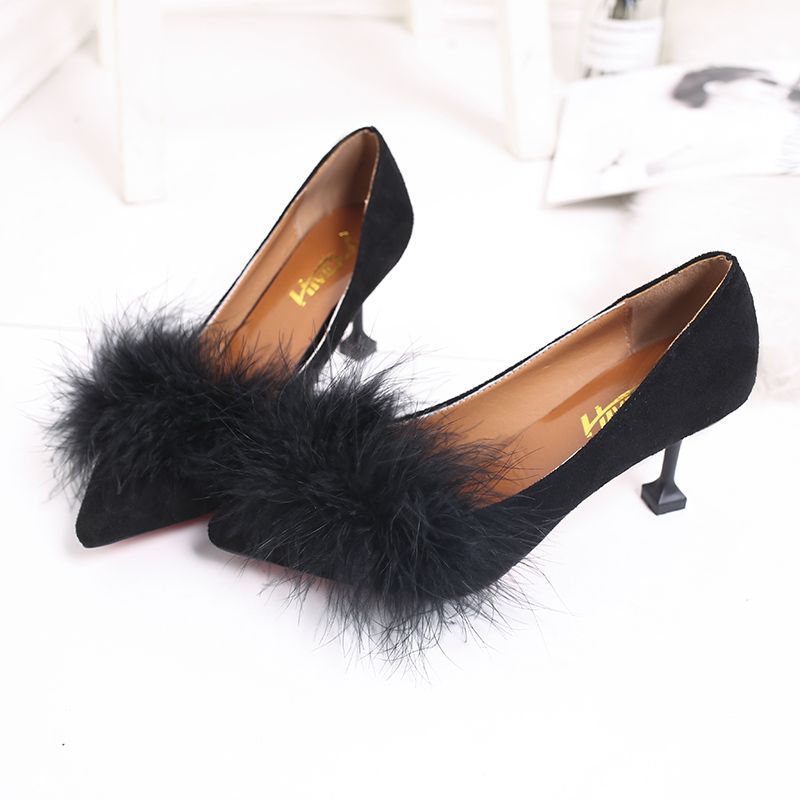 High heeled women’s slim heel 2022 spring and Autumn New Korean woolen shoes pointed point versatile women’s shoes black work single shoes