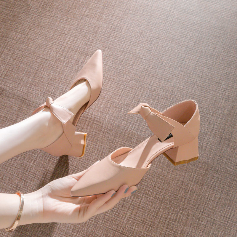 Women’s shoes 2020 new fashion pointed head hollow bow 6cm high heels female students thick heel sexy fashion single shoes