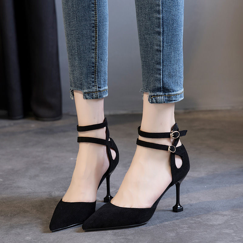 Shoes female students Korean high heeled women’s slim heels 2020 spring / Summer Black versatile pointed point button single shoe women’s shoes