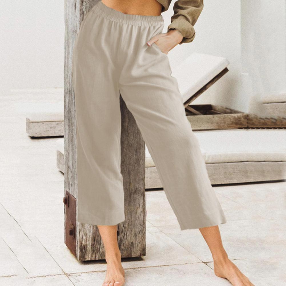 Women CottonPants Casual Loose Trousers Solid Color Pocket Harem Pants