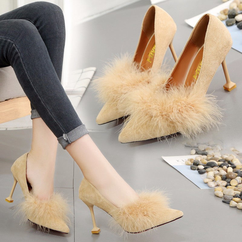 High heeled women’s slim heel 2021 spring and Autumn New Korean woolen shoes pointed point versatile women’s shoes black work single shoes
