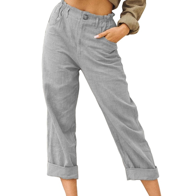 Women CottonPants Casual Loose Trousers Solid Color Pocket Harem Pants
