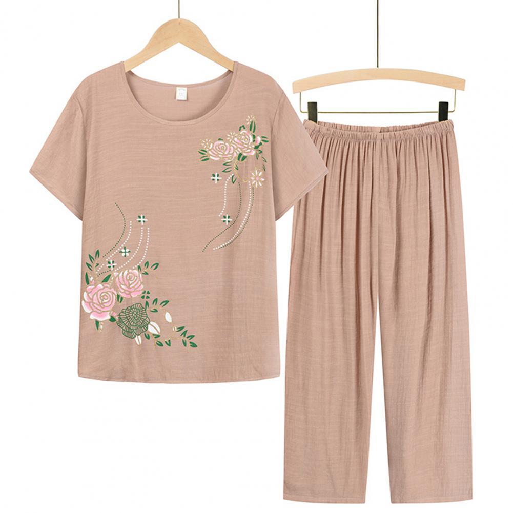 Women Homewear Set Short Sleeve Floral Print T-shirt Pants