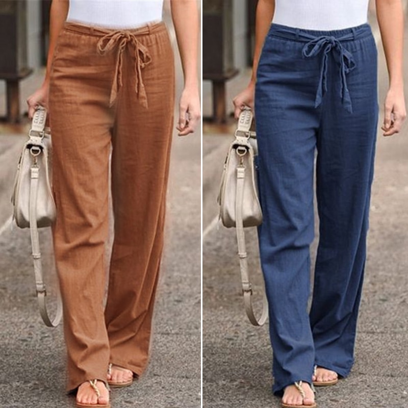 Women Cotton Pants Elastic Waist Straight  Spring Loose Long Pants Solid Casual Sports Pants