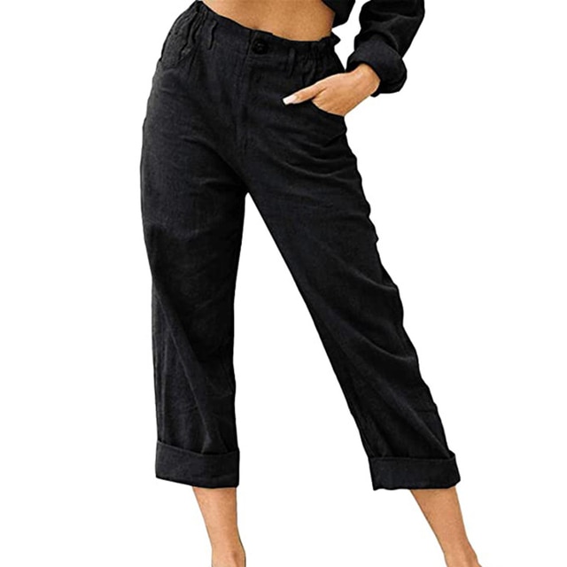 Women CottonPants Casual Loose Trousers Solid Color Pocket Harem Pants
