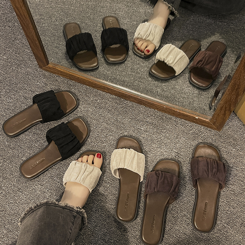 French pleated flip flop flat bottom square toe fairy sandals