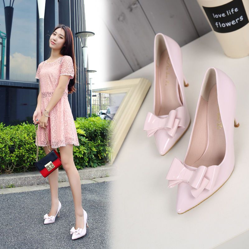 Pointed white bow tie high heels women’s light mouth small heel single shoe work shoes 62-66 small wedding shoes bridesmaids shoes