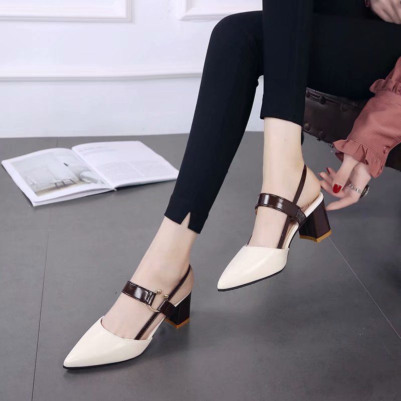 Spring and summer 2020 new single shoes women’s pointed thick heel Baotou women’s shoes middle heel one button high heeled shoes versatile