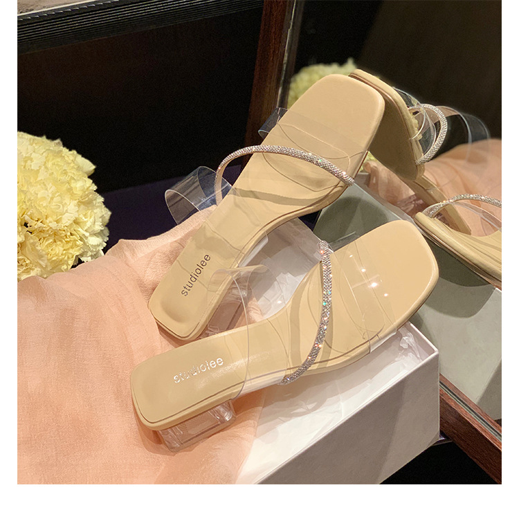 Transparent Sandals Square Toe Show Legs Long Crystal Thick Heel Wearing Sandals And Slippers
