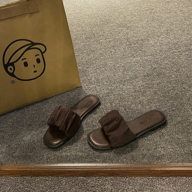 French pleated flip flop flat bottom square toe fairy sandals