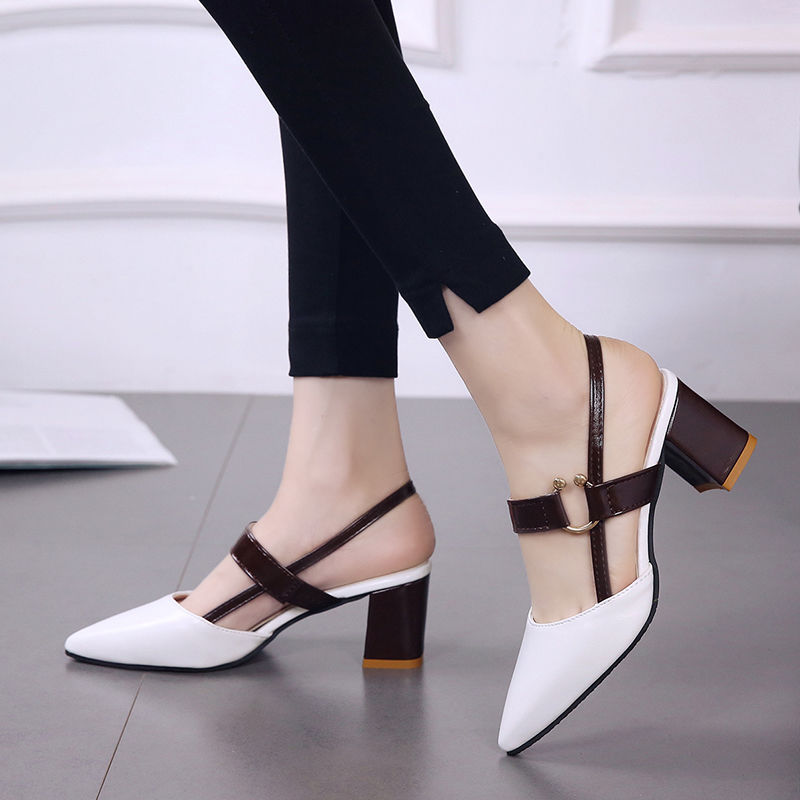 Spring and summer 2020 new single shoes women’s pointed thick heel Baotou women’s shoes middle heel one button high heeled shoes versatile