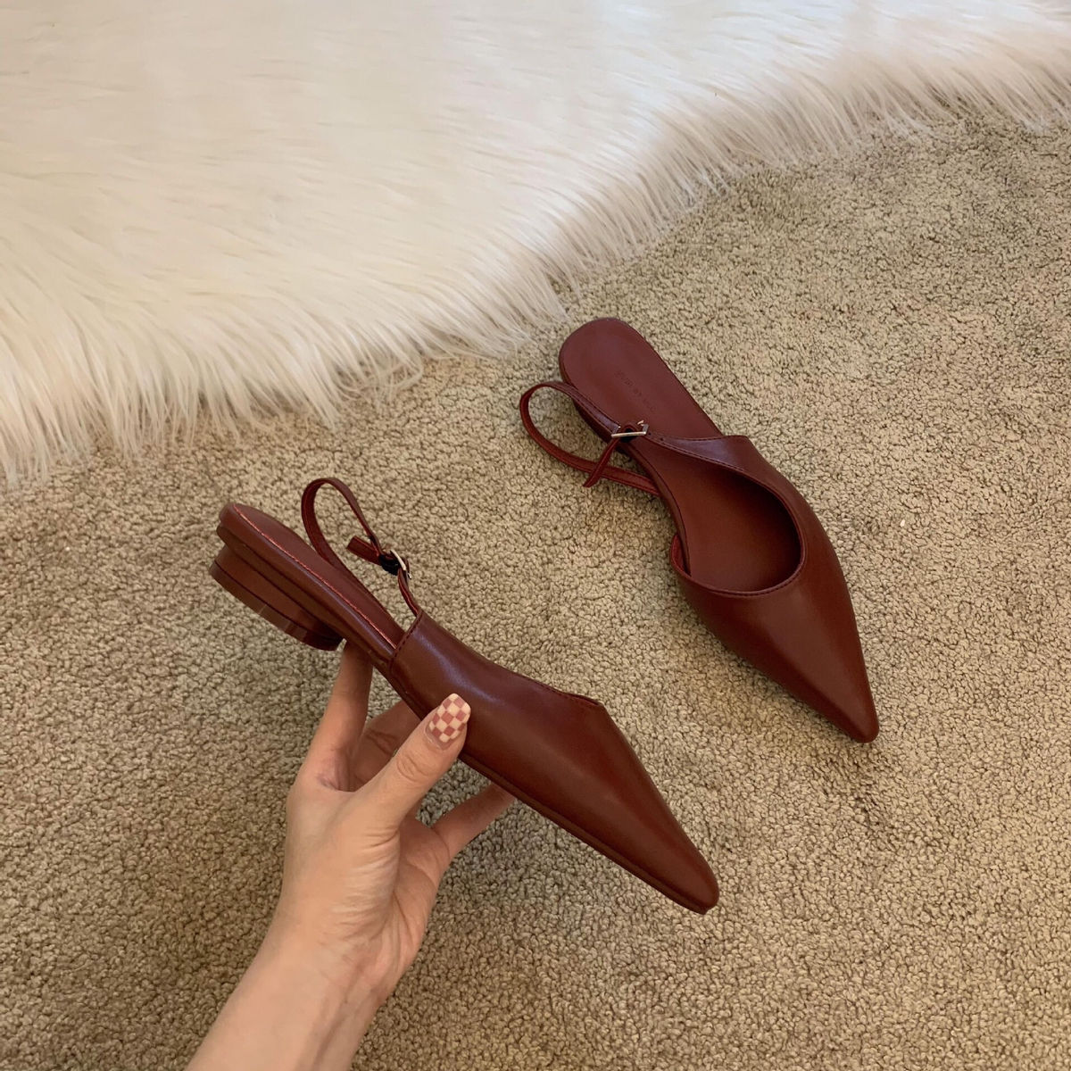 Korean designer pointed thin belt low flat heel sandal