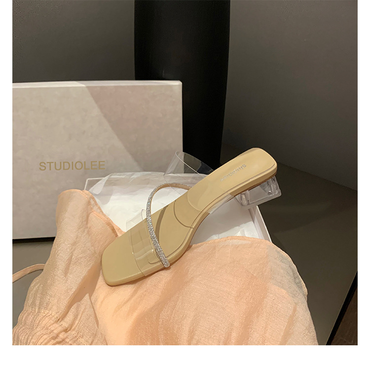 Transparent Sandals Square Toe Show Legs Long Crystal Thick Heel Wearing Sandals And Slippers