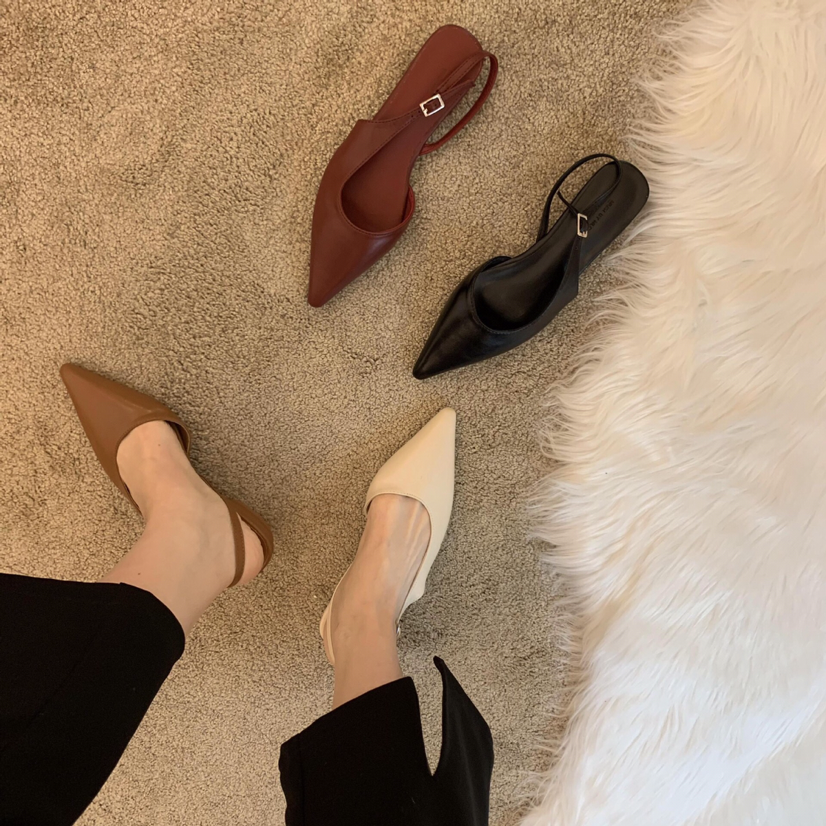 Korean designer pointed thin belt low flat heel sandal