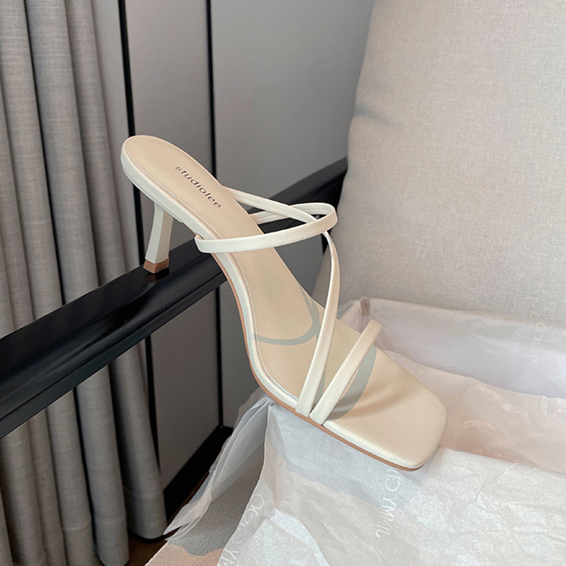 High heels square toe open toe stiletto outerwear slippers