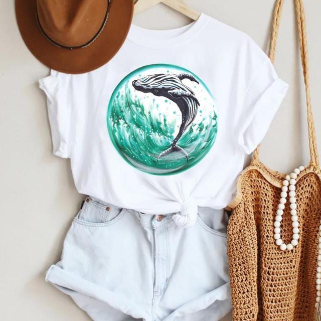 2022 Women Crew Neck White T-Shirt Cartoon